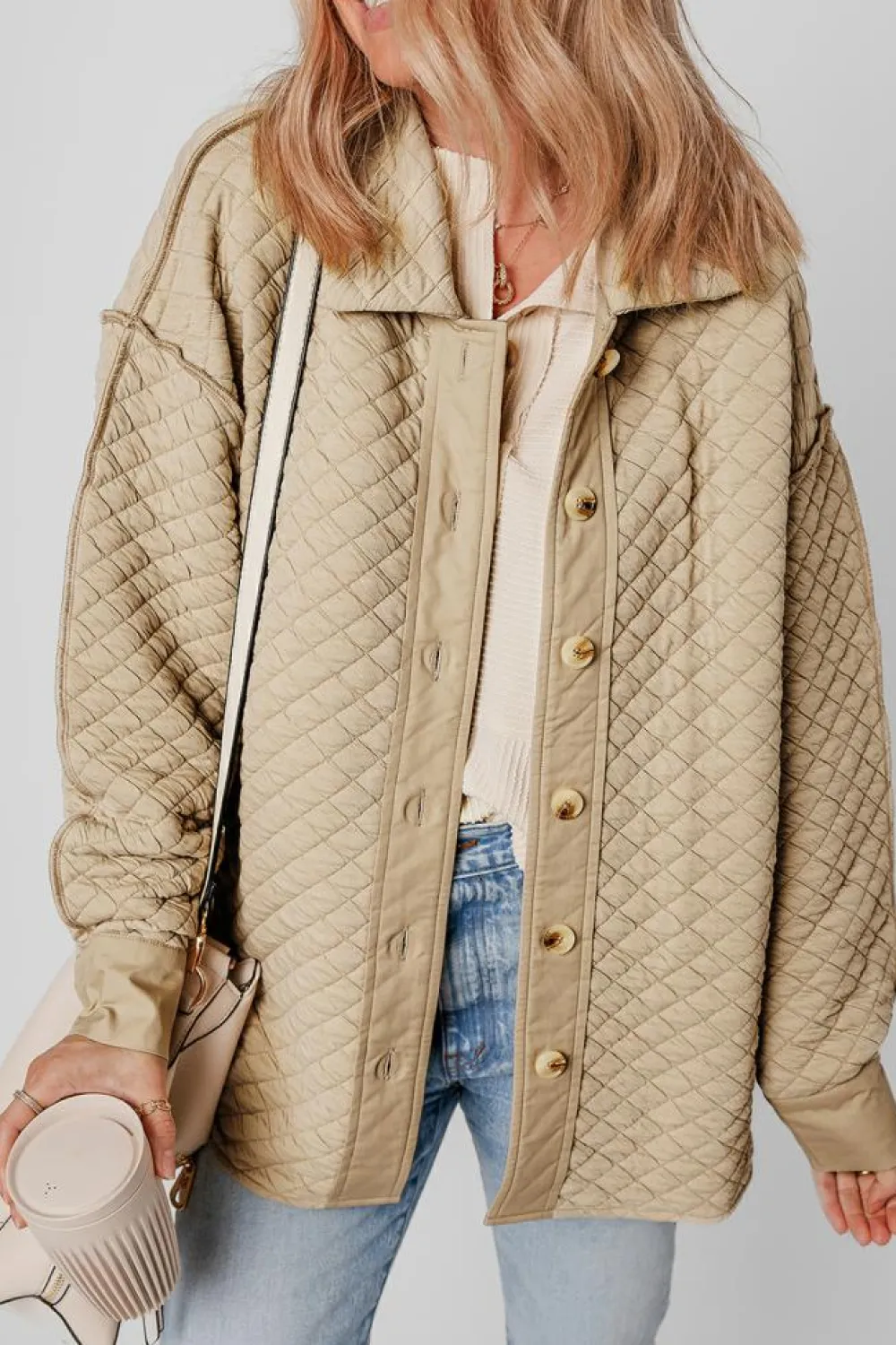 Online Dear-Lover Solid Color Quilted Puffer Buttoned Shacket Jet Stream