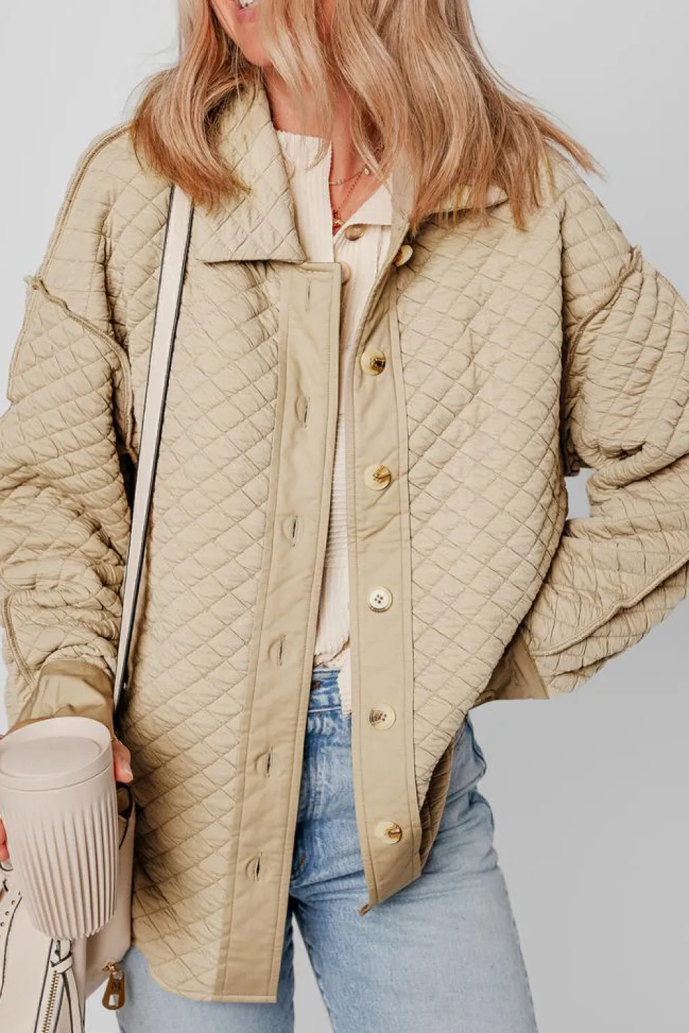 Online Dear-Lover Solid Color Quilted Puffer Buttoned Shacket Jet Stream