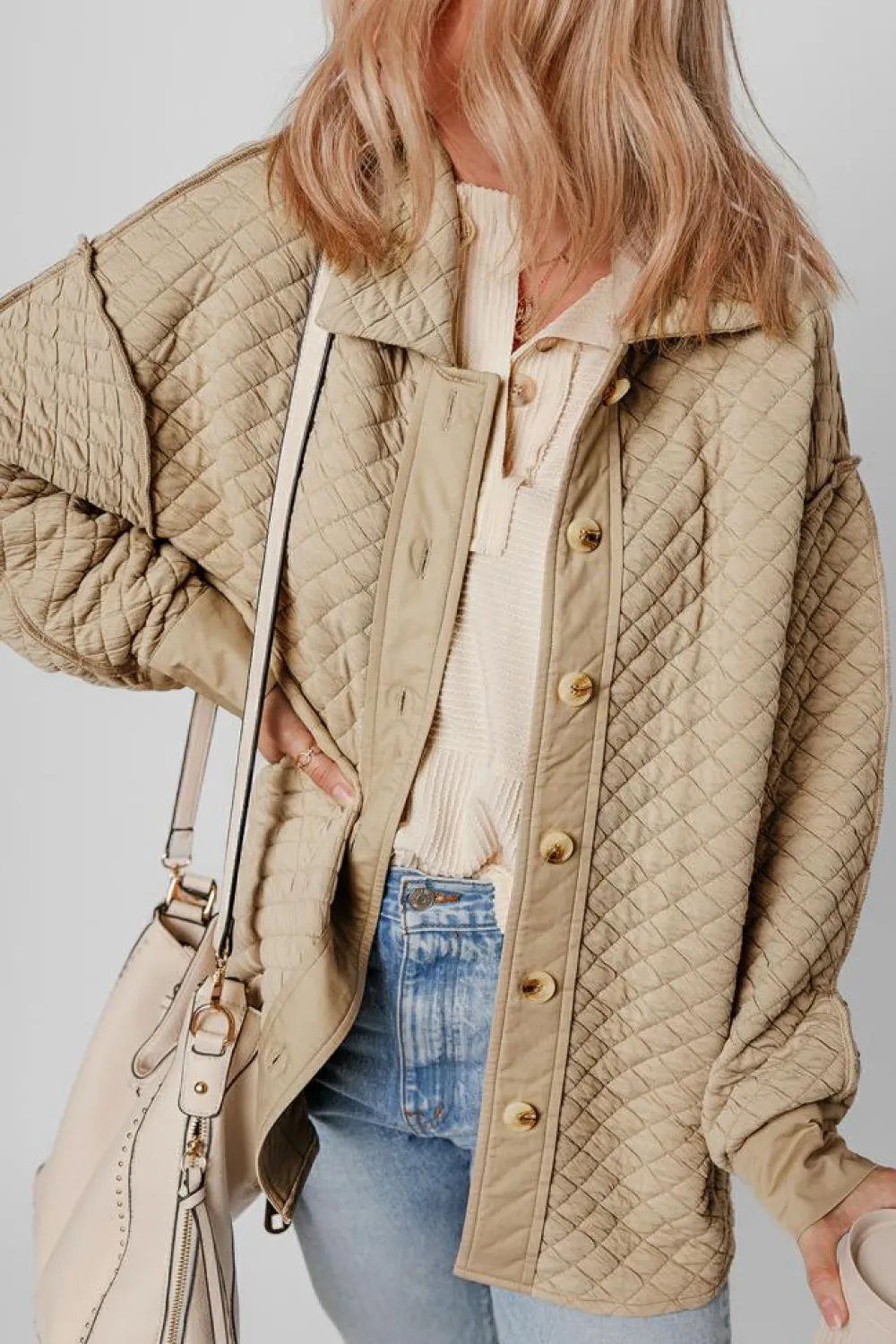 Online Dear-Lover Solid Color Quilted Puffer Buttoned Shacket Jet Stream