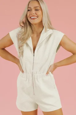 Outlet Dear-Lover Textured Zipped Front V Neck Collared Casual Romper Jet Stream