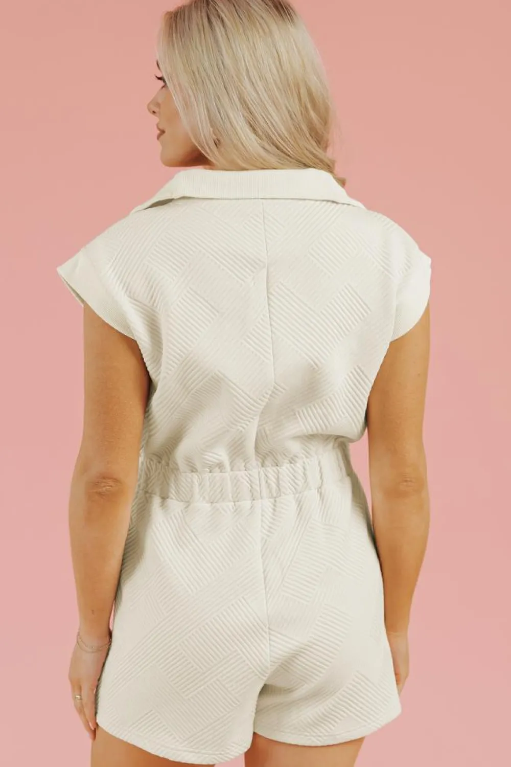Outlet Dear-Lover Textured Zipped Front V Neck Collared Casual Romper Jet Stream