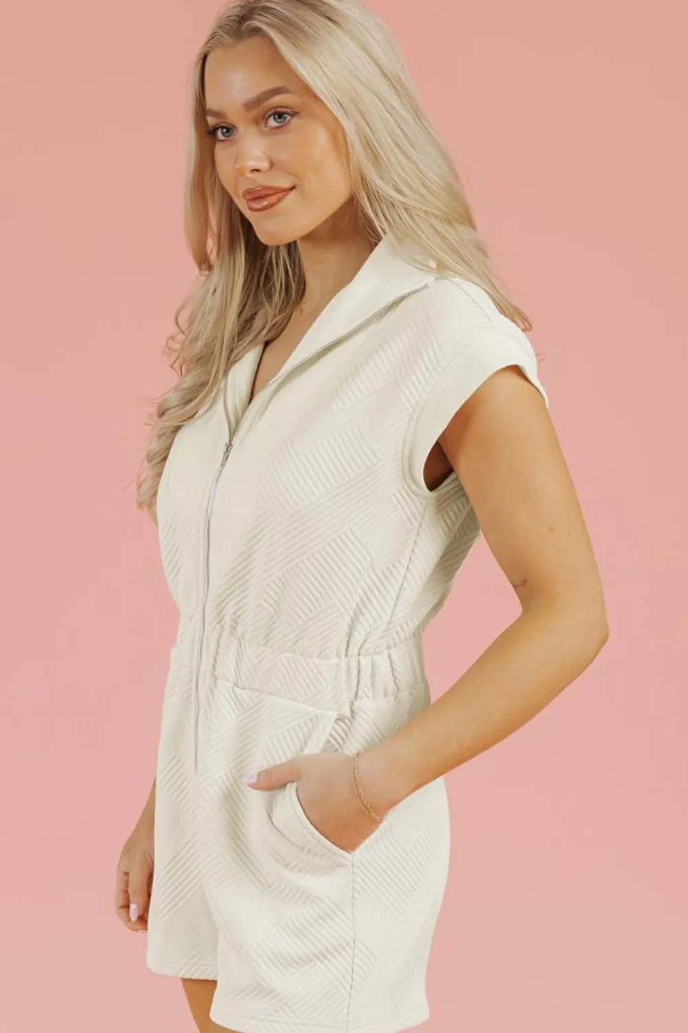 Outlet Dear-Lover Textured Zipped Front V Neck Collared Casual Romper Jet Stream