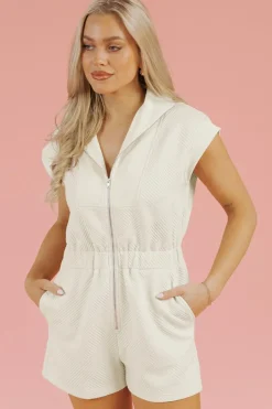 Outlet Dear-Lover Textured Zipped Front V Neck Collared Casual Romper Jet Stream