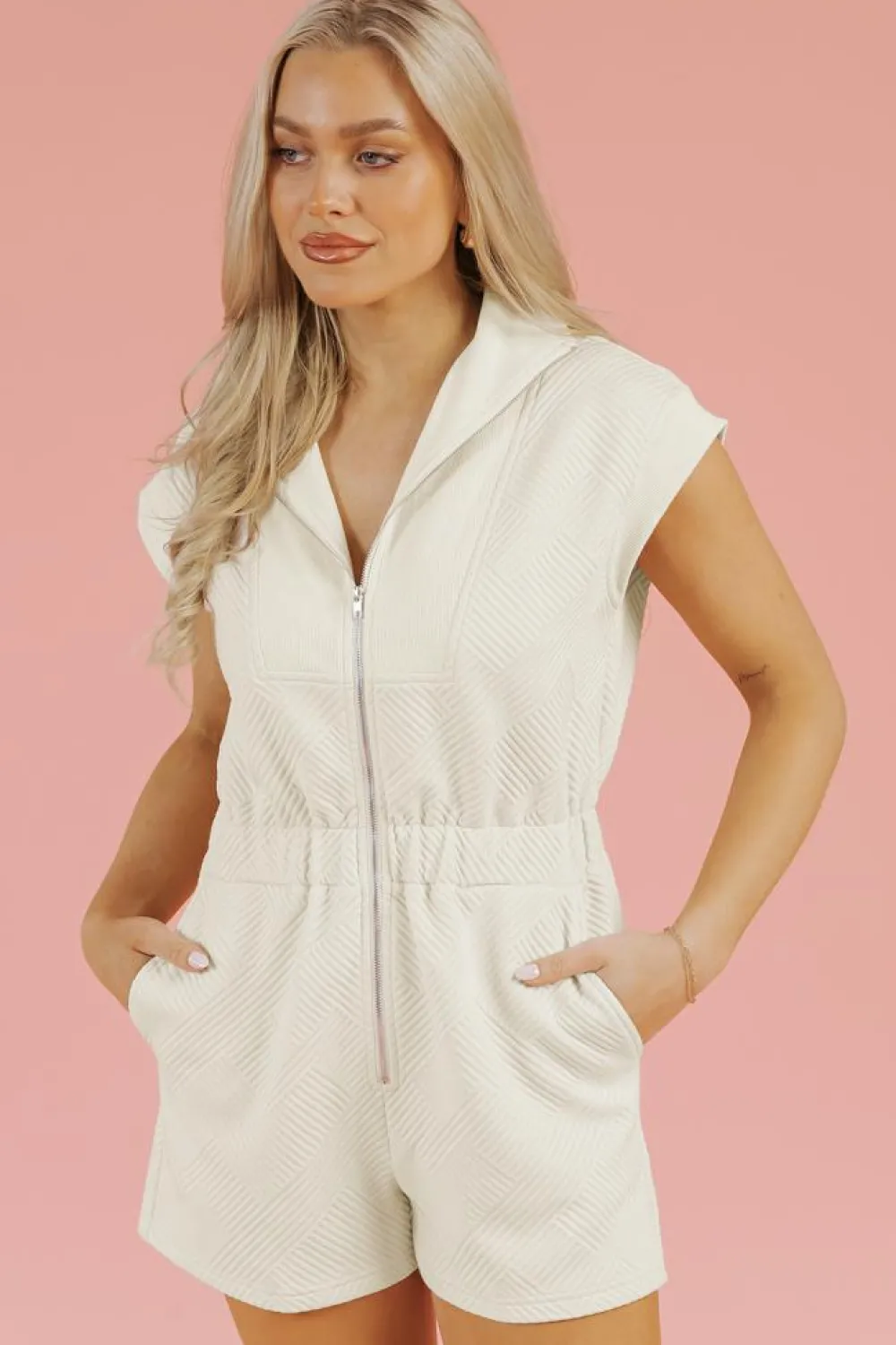 Outlet Dear-Lover Textured Zipped Front V Neck Collared Casual Romper Jet Stream