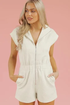 Outlet Dear-Lover Textured Zipped Front V Neck Collared Casual Romper Jet Stream