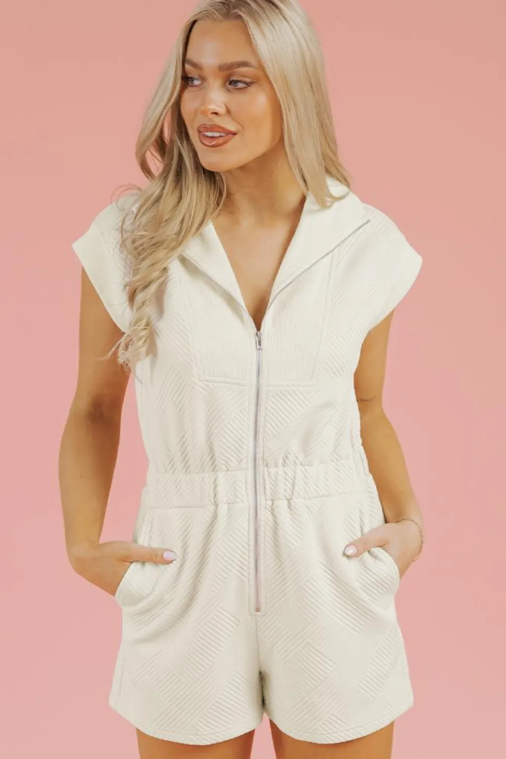 Outlet Dear-Lover Textured Zipped Front V Neck Collared Casual Romper Jet Stream