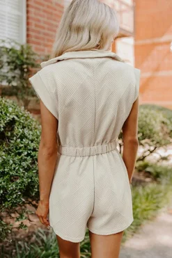 Outlet Dear-Lover Textured Zipped Front V Neck Collared Casual Romper Jet Stream