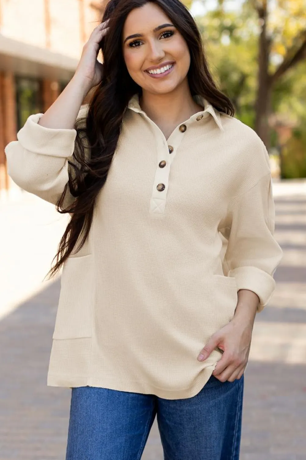 Best Dear-Lover Waffle Long Sleeve Collar Half Button Loose Top Jet Stream