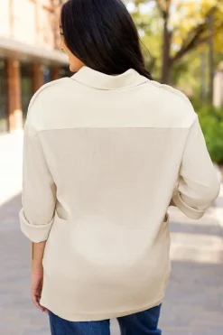 Best Dear-Lover Waffle Long Sleeve Collar Half Button Loose Top Jet Stream