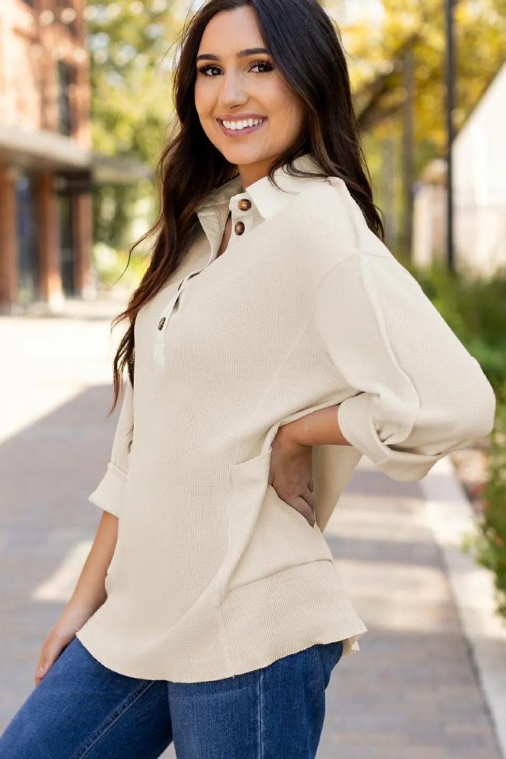 Best Dear-Lover Waffle Long Sleeve Collar Half Button Loose Top Jet Stream