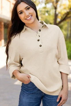 Best Dear-Lover Waffle Long Sleeve Collar Half Button Loose Top Jet Stream