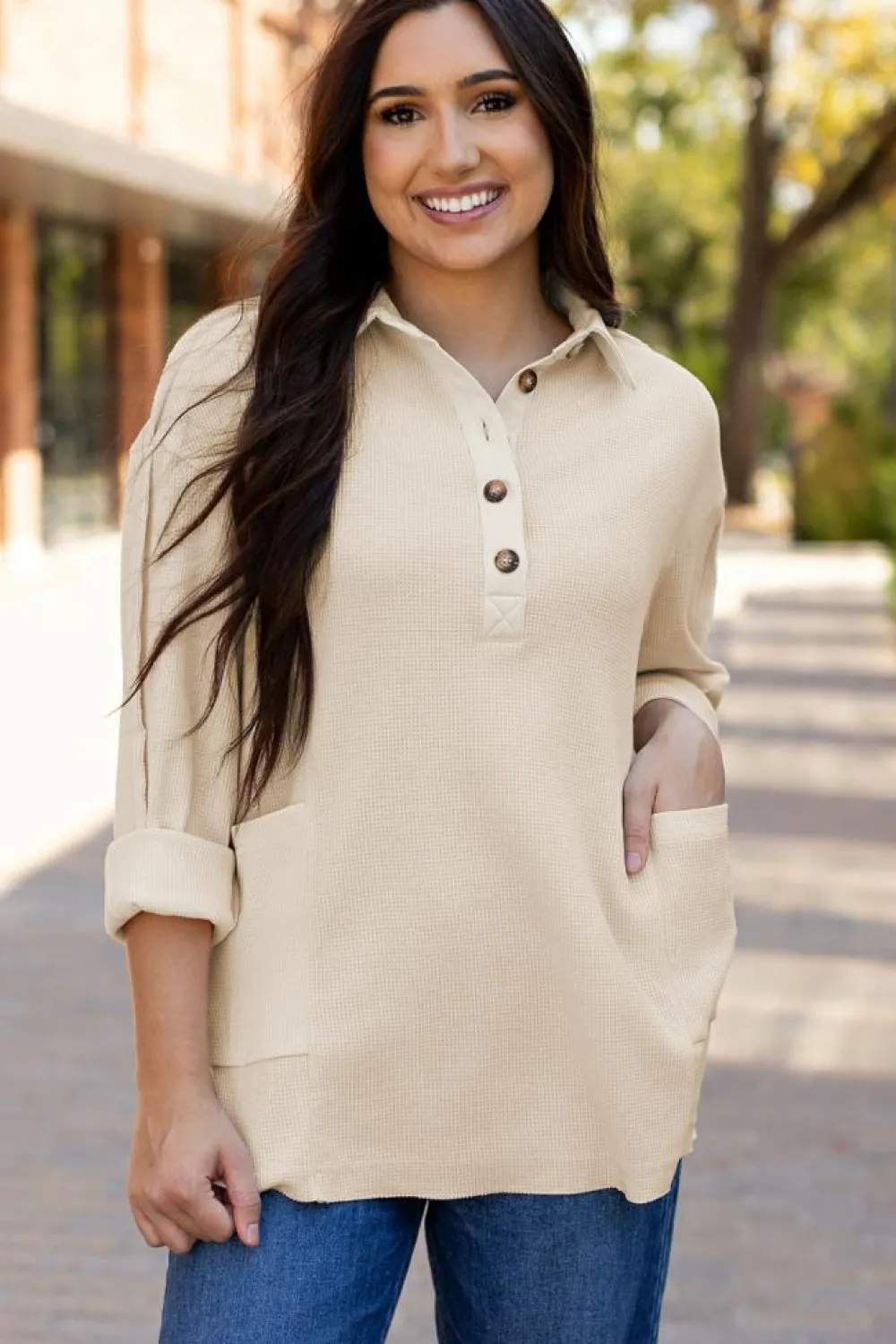 Best Dear-Lover Waffle Long Sleeve Collar Half Button Loose Top Jet Stream