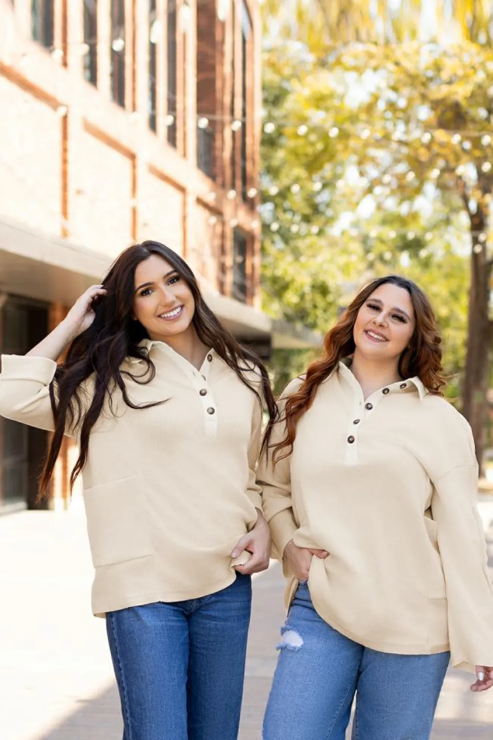 Best Dear-Lover Waffle Long Sleeve Collar Half Button Loose Top Jet Stream