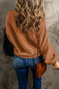 Sale Dear-Lover Colorblock Bishop Sleeve Ribbed Trim Sweater Jungle Green