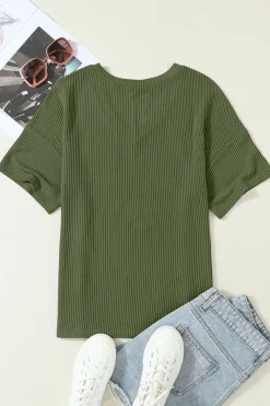 Outlet Dear-Lover Corded V Neck Chest Pocket Loose T-shirt Jungle Green