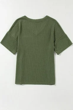 Outlet Dear-Lover Corded V Neck Chest Pocket Loose T-shirt Jungle Green