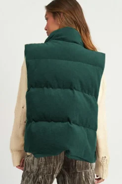Fashion Dear-Lover Corduroy Stand Neck Zipped Puffer Vest Jungle Green