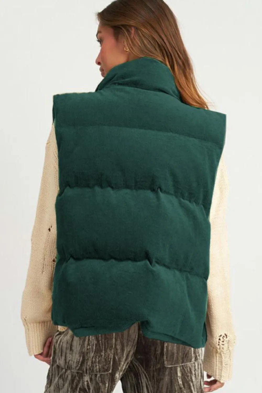 Fashion Dear-Lover Corduroy Stand Neck Zipped Puffer Vest Jungle Green