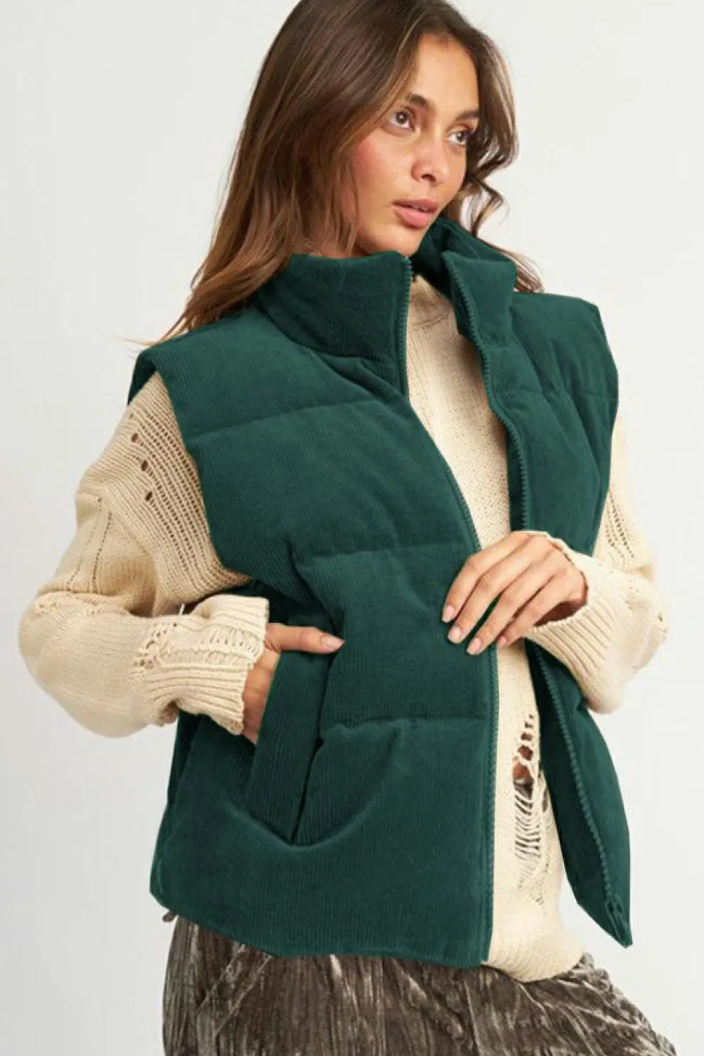 Fashion Dear-Lover Corduroy Stand Neck Zipped Puffer Vest Jungle Green