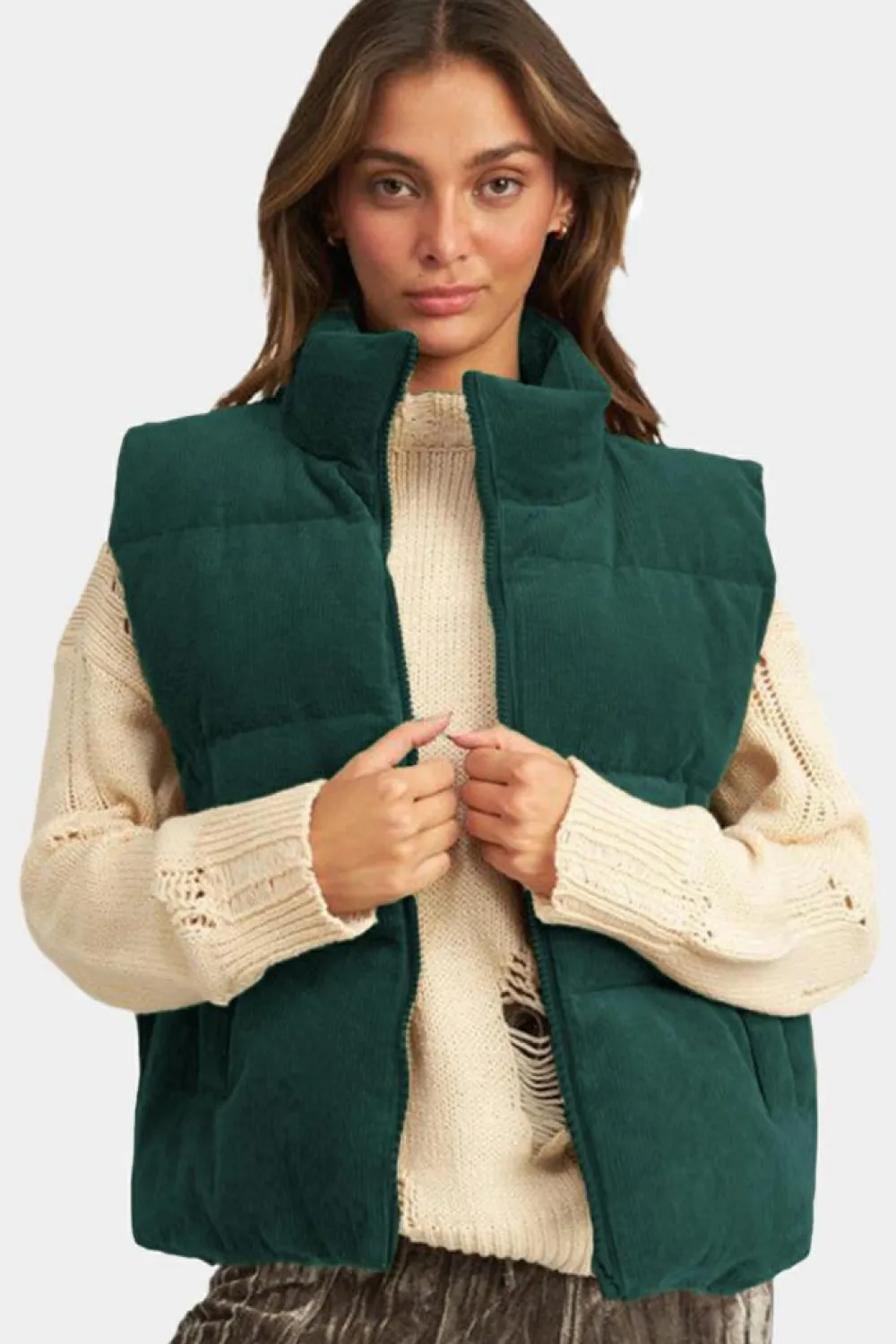 Fashion Dear-Lover Corduroy Stand Neck Zipped Puffer Vest Jungle Green