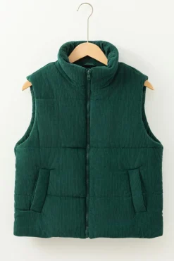 Fashion Dear-Lover Corduroy Stand Neck Zipped Puffer Vest Jungle Green