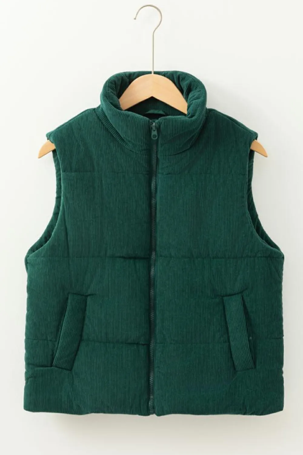 Fashion Dear-Lover Corduroy Stand Neck Zipped Puffer Vest Jungle Green