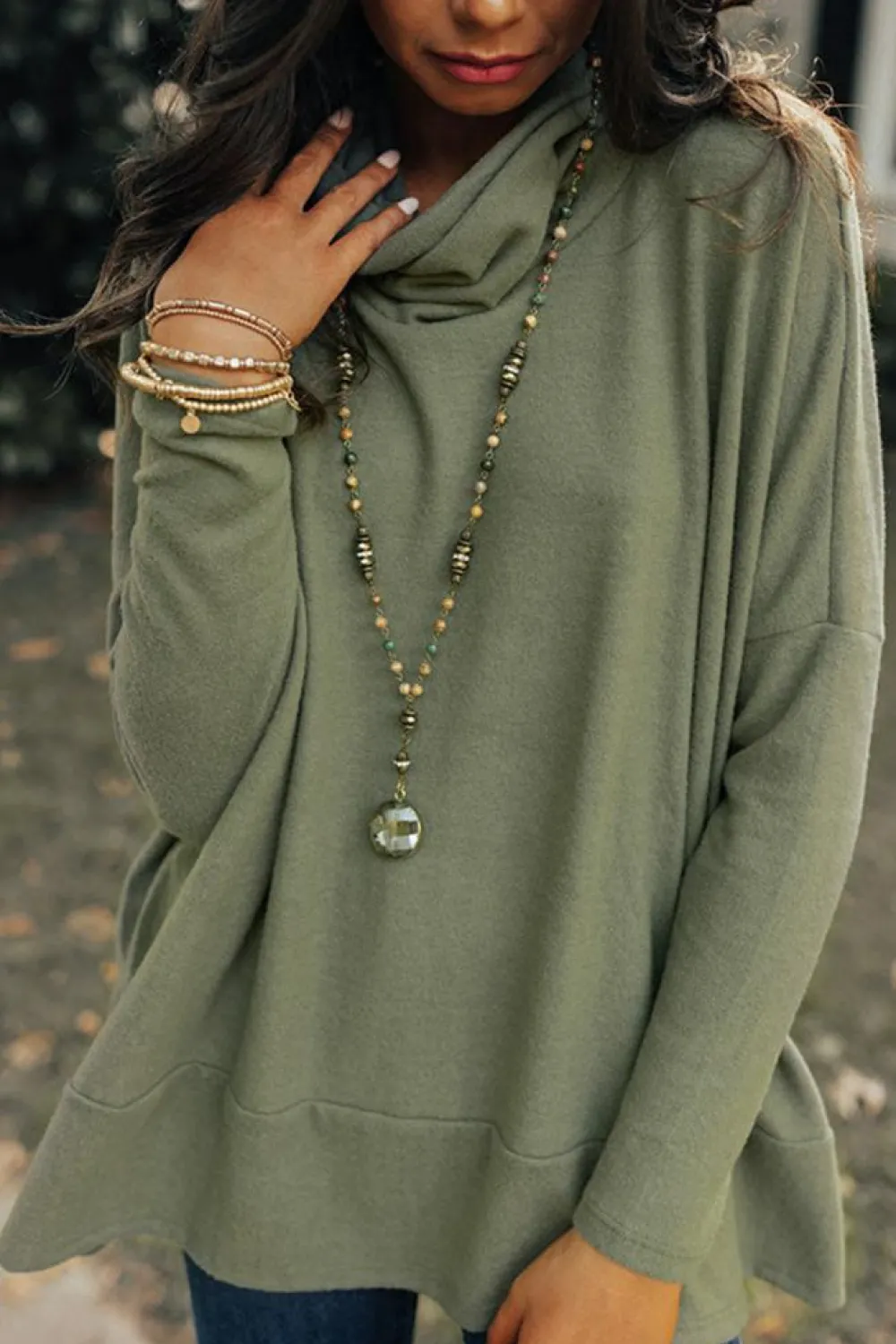 Clearance Dear-Lover Cowl Neck Shift Tunic Top Jungle Green