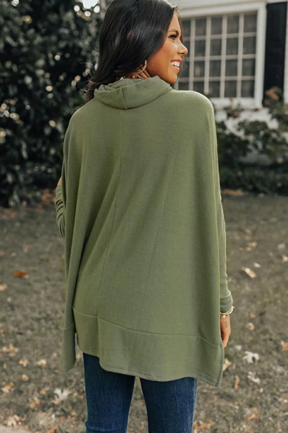 Clearance Dear-Lover Cowl Neck Shift Tunic Top Jungle Green