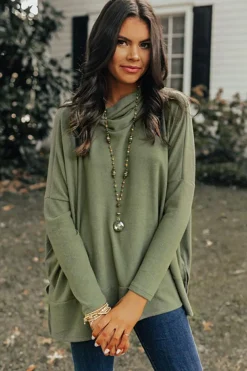 Clearance Dear-Lover Cowl Neck Shift Tunic Top Jungle Green