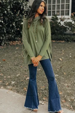 Clearance Dear-Lover Cowl Neck Shift Tunic Top Jungle Green