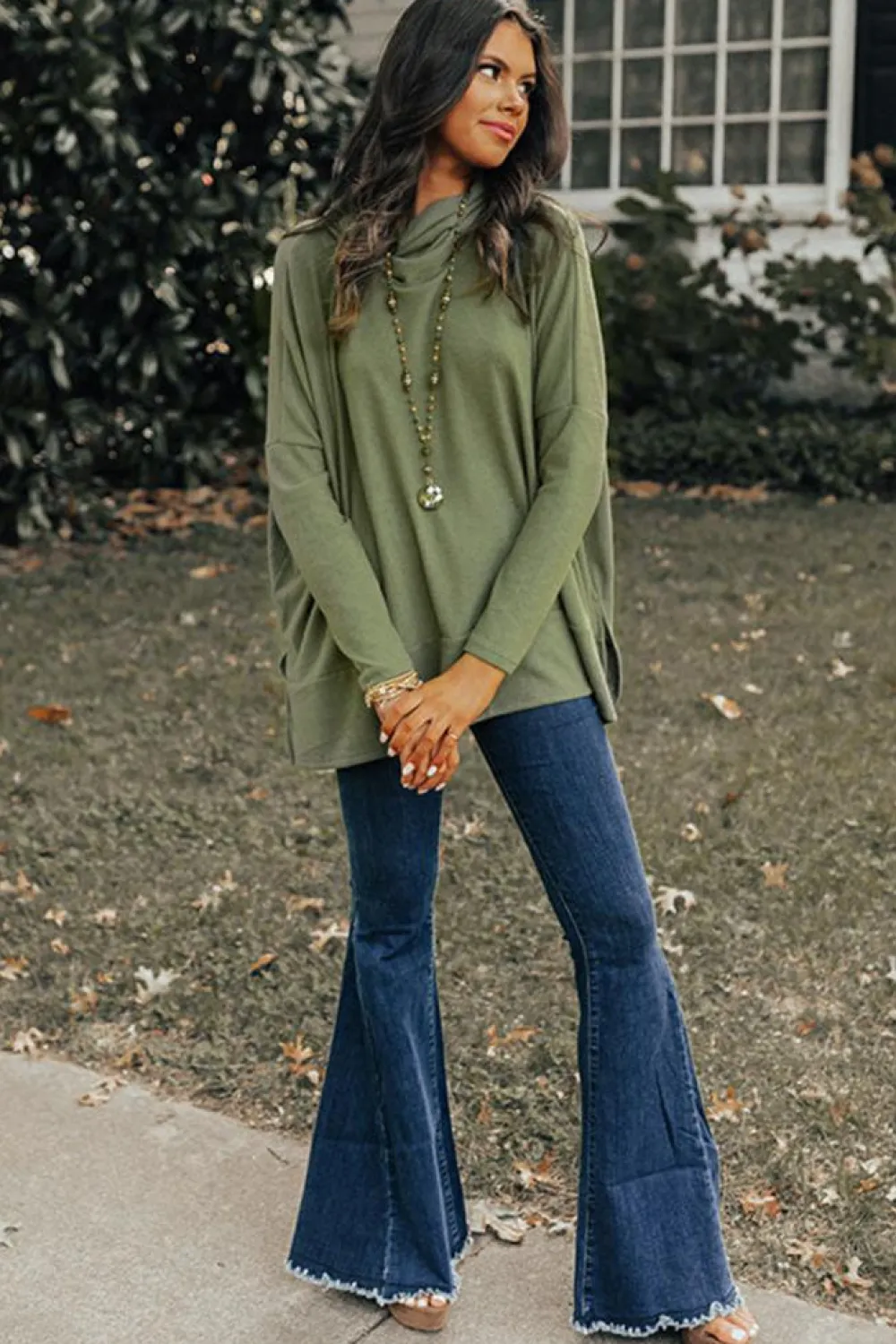 Clearance Dear-Lover Cowl Neck Shift Tunic Top Jungle Green
