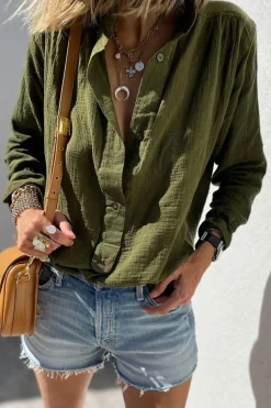 Outlet Dear-Lover Crinkle Textured Button Up Long Sleeve Shirt Jungle Green