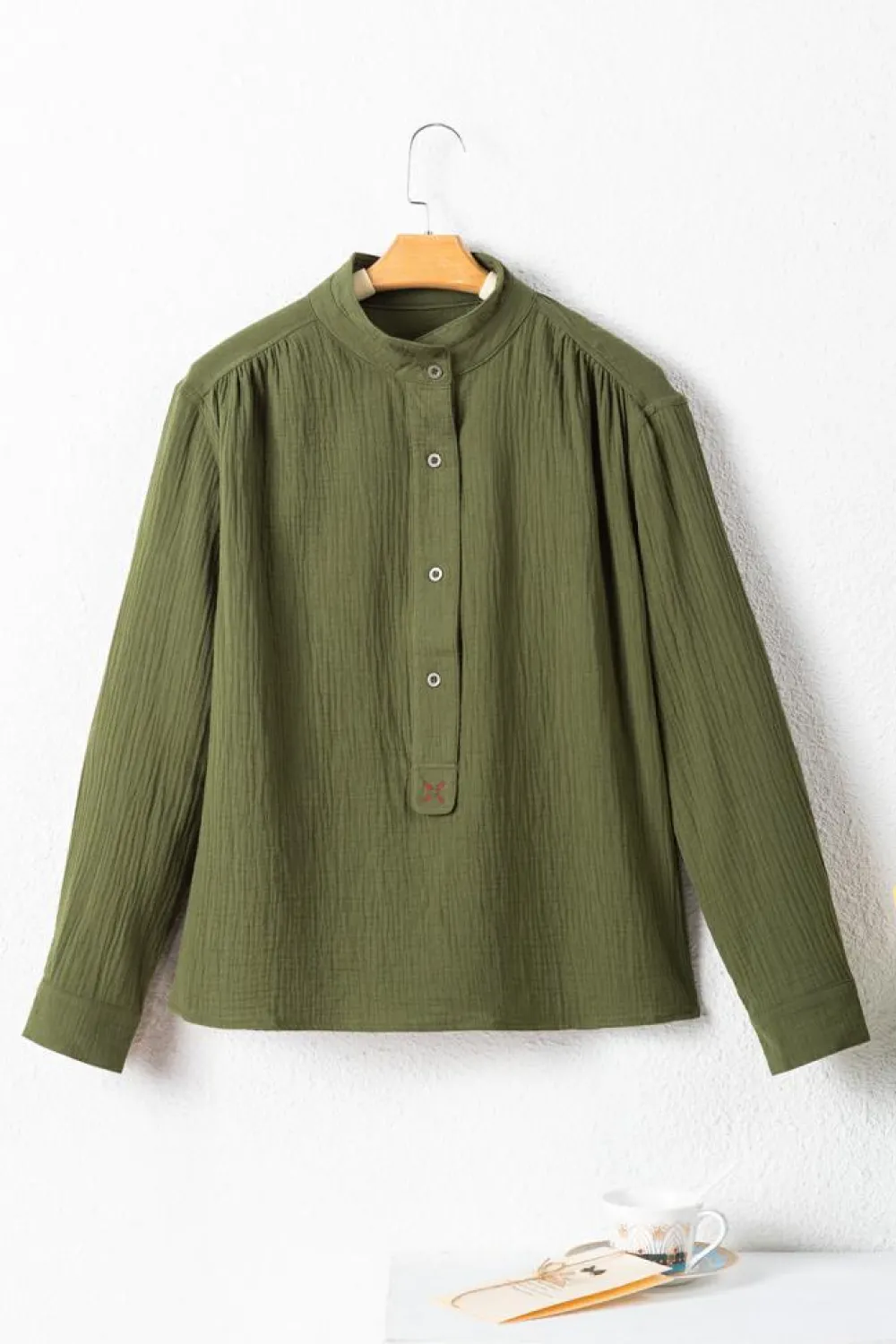 Outlet Dear-Lover Crinkle Textured Button Up Long Sleeve Shirt Jungle Green