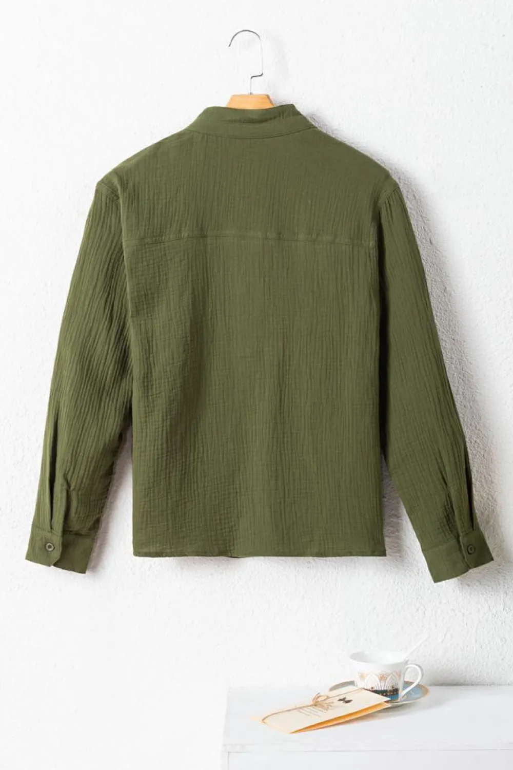 Outlet Dear-Lover Crinkle Textured Button Up Long Sleeve Shirt Jungle Green