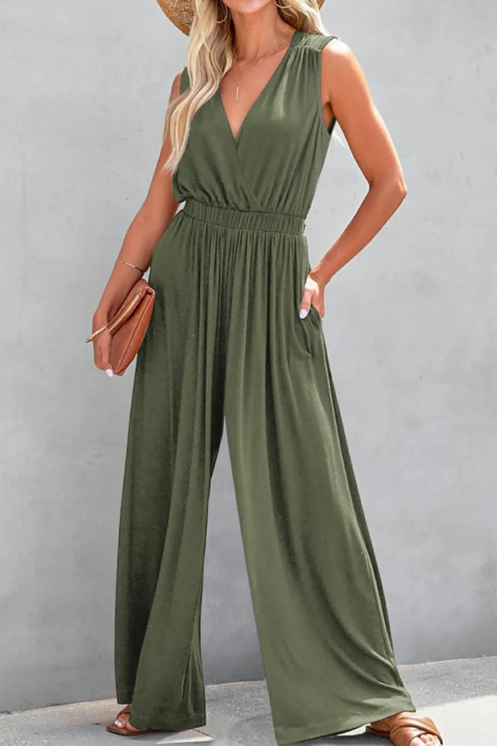Clearance Dear-Lover Deep V Pleated Crisscross Wide Leg Backless Jumpsuit Jungle Green