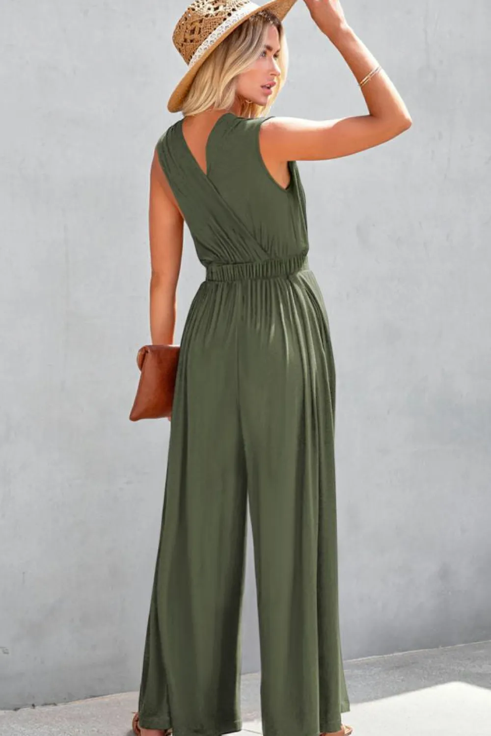Clearance Dear-Lover Deep V Pleated Crisscross Wide Leg Backless Jumpsuit Jungle Green