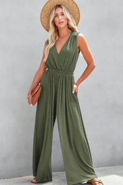 Clearance Dear-Lover Deep V Pleated Crisscross Wide Leg Backless Jumpsuit Jungle Green