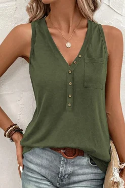 Sale Dear-Lover Half Button V Neck Patched Pocket Tank Top Jungle Green