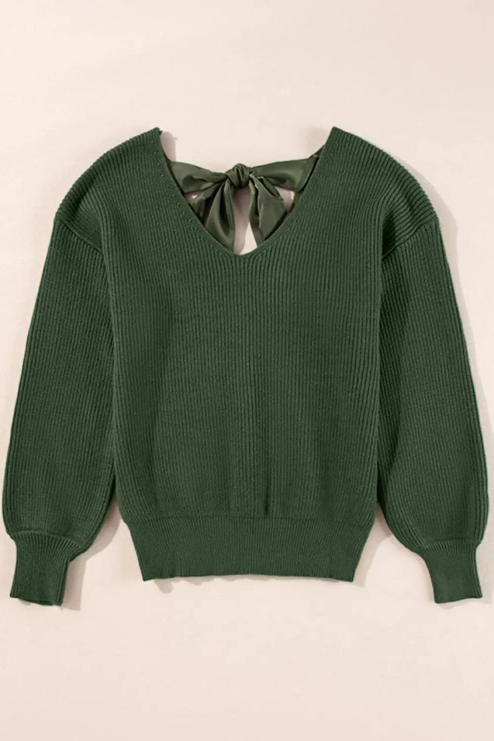 Online Dear-Lover Lantern Sleeve V Neck Knot Back Sweater Jungle Green