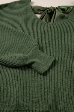 Online Dear-Lover Lantern Sleeve V Neck Knot Back Sweater Jungle Green