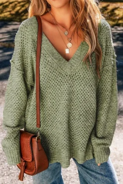 Fashion Dear-Lover Loose Eyelet V Neck Drop Shoulder Sweater Jungle Green