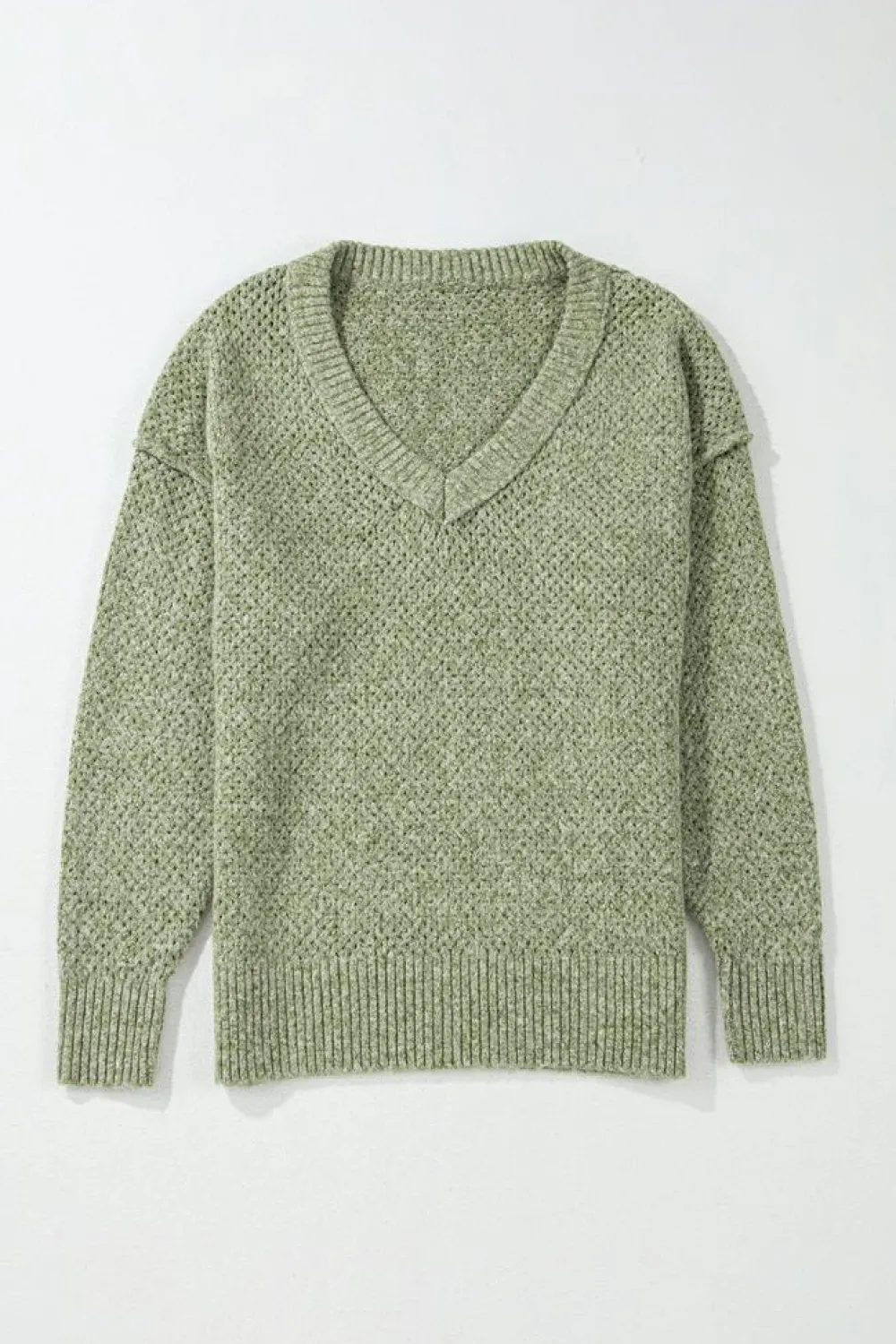 Fashion Dear-Lover Loose Eyelet V Neck Drop Shoulder Sweater Jungle Green
