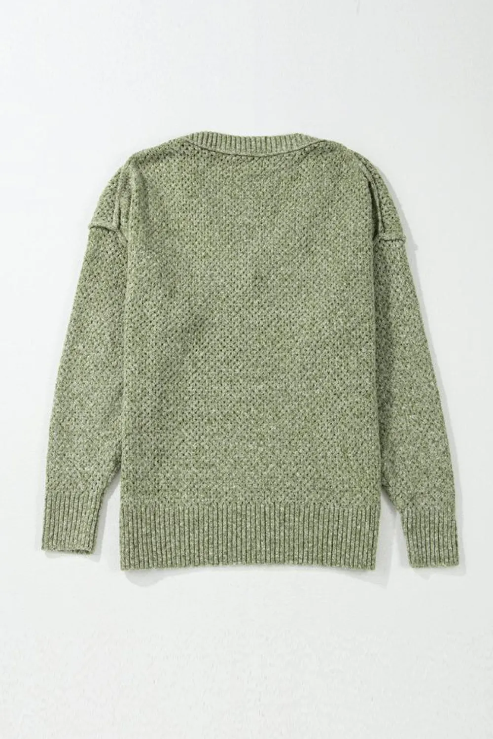 Fashion Dear-Lover Loose Eyelet V Neck Drop Shoulder Sweater Jungle Green