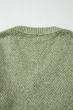 Fashion Dear-Lover Loose Eyelet V Neck Drop Shoulder Sweater Jungle Green