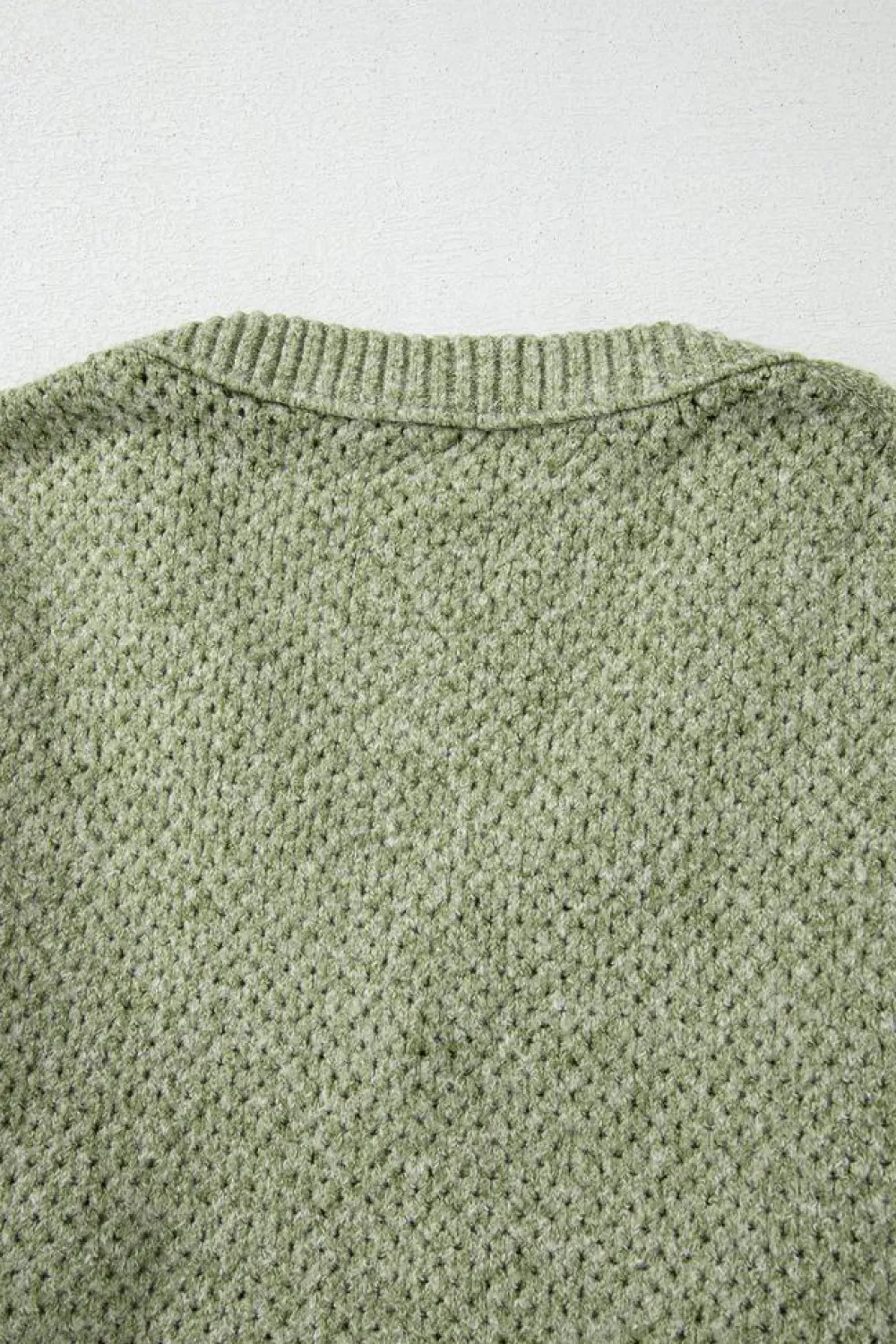 Fashion Dear-Lover Loose Eyelet V Neck Drop Shoulder Sweater Jungle Green