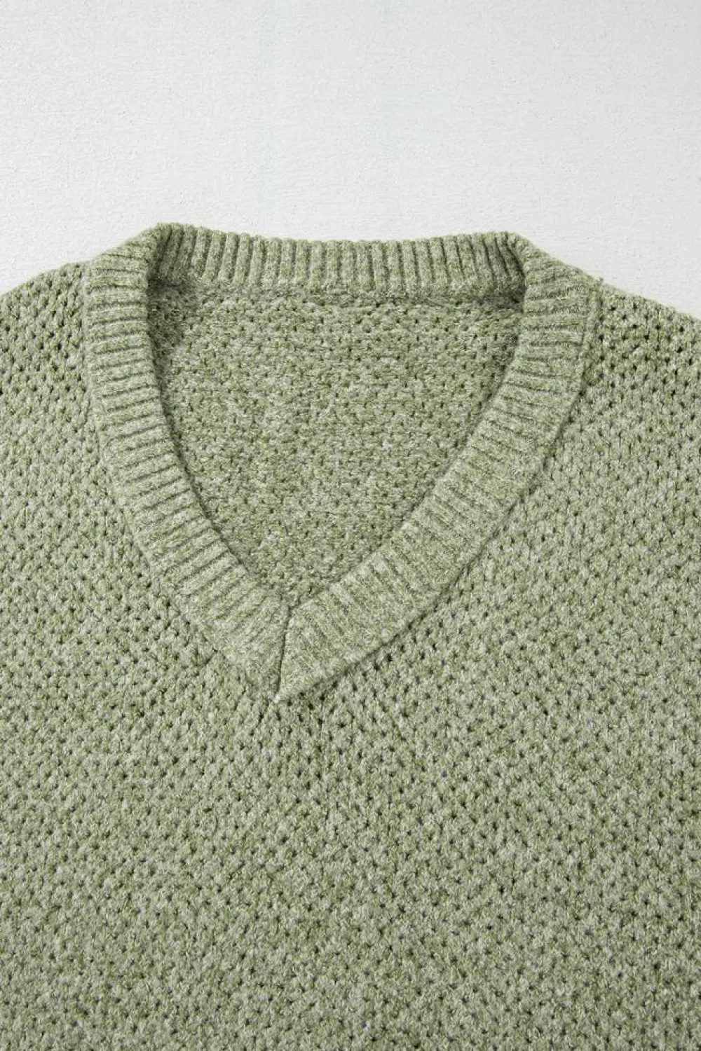 Fashion Dear-Lover Loose Eyelet V Neck Drop Shoulder Sweater Jungle Green