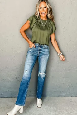 New Dear-Lover Pleated Flutter Sleeve Satin Top Jungle Green