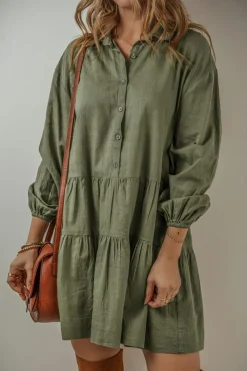 Best Dear-Lover Puff Sleeve Buttoned Tiered Pleated Shirt Mini Dress Jungle Green