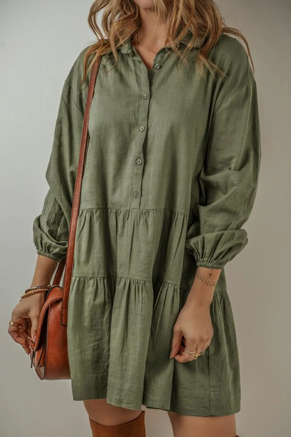 Best Dear-Lover Puff Sleeve Buttoned Tiered Pleated Shirt Mini Dress Jungle Green