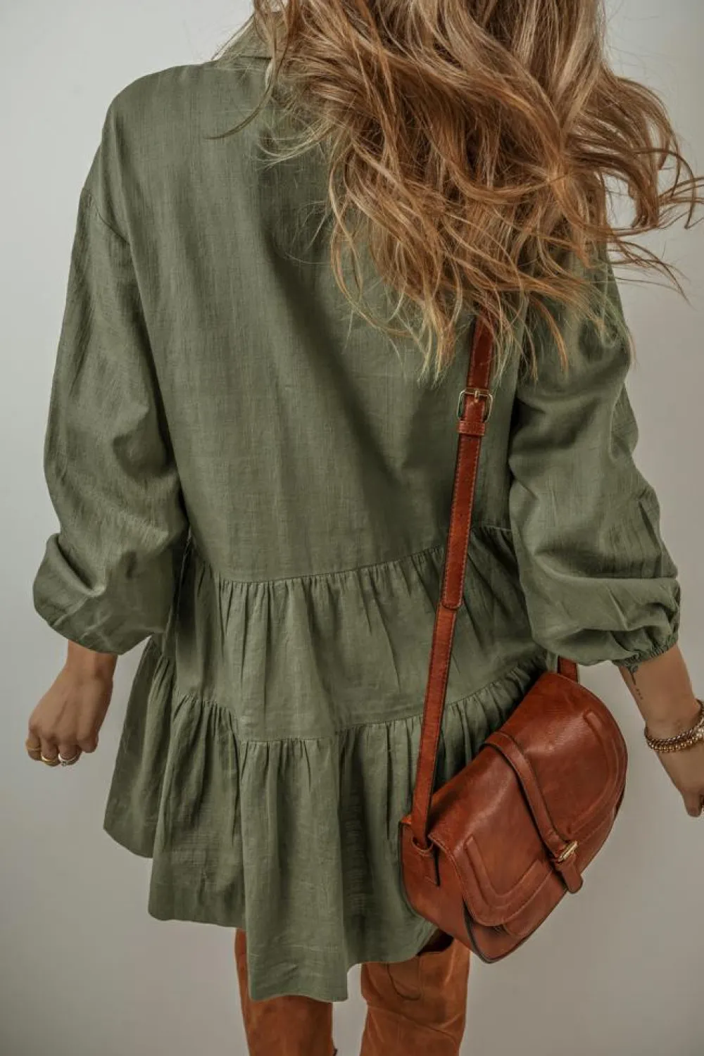 Best Dear-Lover Puff Sleeve Buttoned Tiered Pleated Shirt Mini Dress Jungle Green